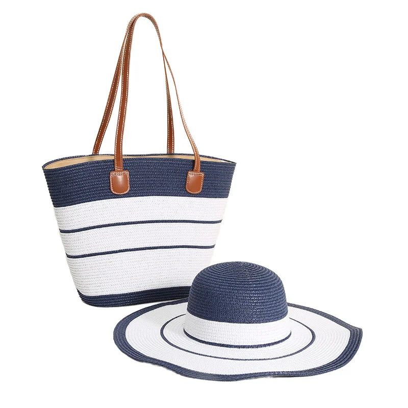 Popular Luxury Large Capacity Straw Beach Tote Bag Matching Sun Hat and Bag Handbags Sets for Women