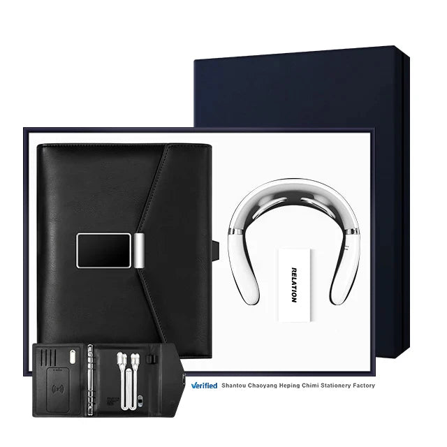 Customized 2-in-1 Business Gift Set 8000mah Wireless Charging A5 Notebook and Neck Massage Promotional Logo Included