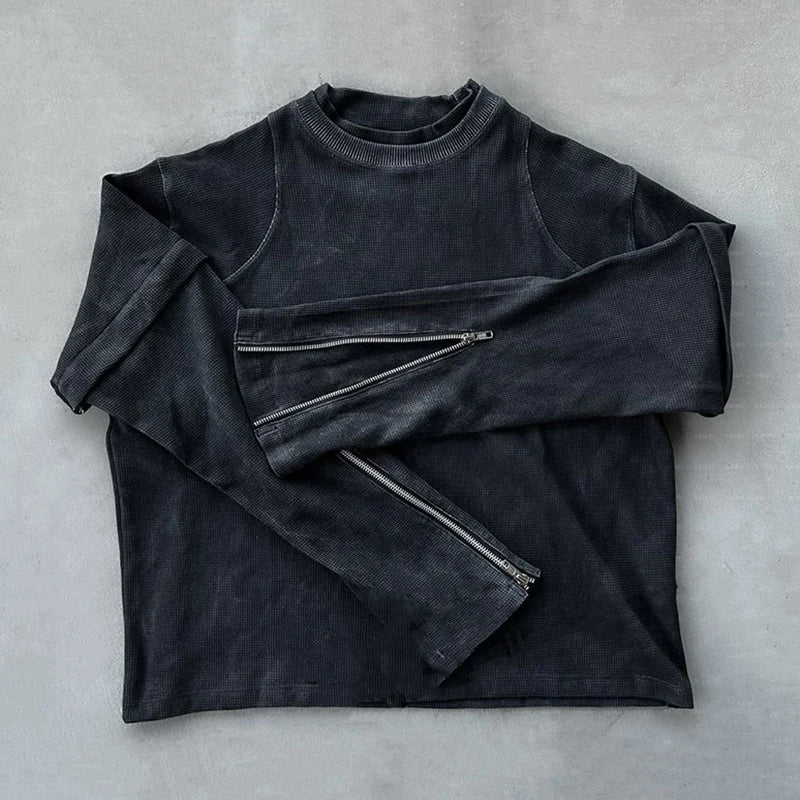 Custom Unisex Blank Tshirt Double Layer Long Sleeve Mock Neck Acid Wash Vintage Waffle Knit Crop Long Sleeve T Shirts Men
