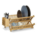 2-Tier Bamboo Dish Drainer with Storage Plate Collapsible Drying Rack Utensil Holder Model Pattern Wooden Kitchen Accessory