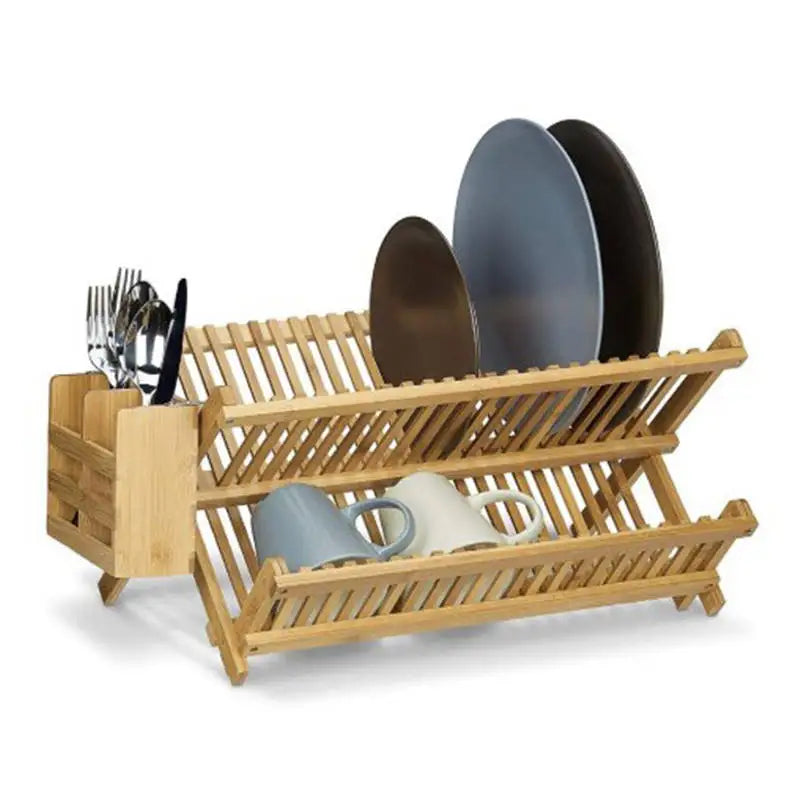 2-Tier Bamboo Dish Drainer with Storage Plate Collapsible Drying Rack Utensil Holder Model Pattern Wooden Kitchen Accessory