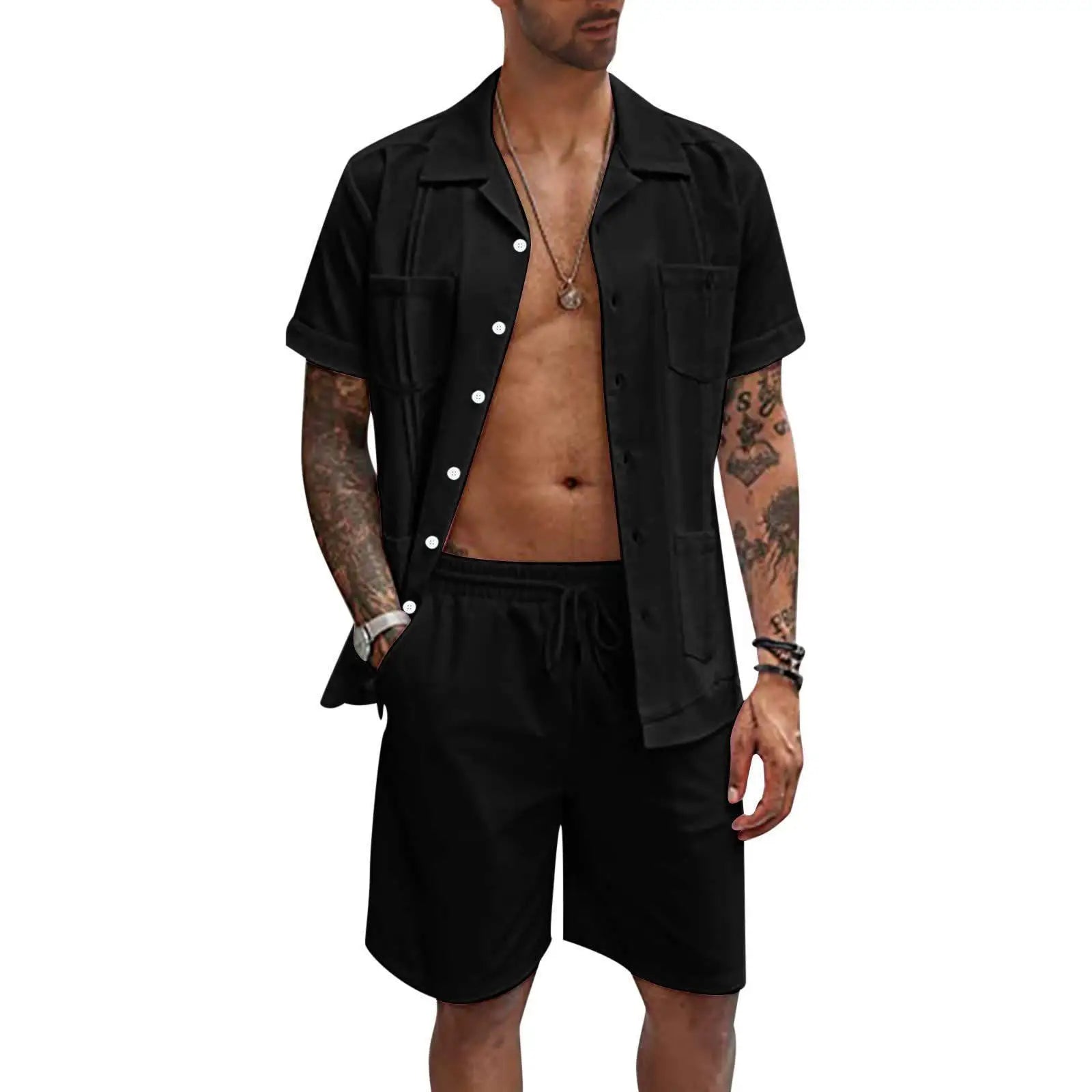 Fengway Custom Linen Casual Suit Summer Mens Clothing Cardigan Shirt and Shorts Set