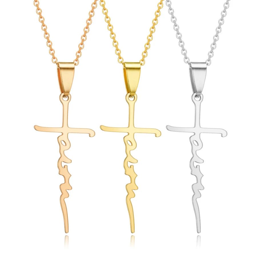 Fashion Non Tarnish PVD Plated Silver Rose 18K Gold Stainless Steel Faith Cross Pendant Necklace Jewelry for Woman