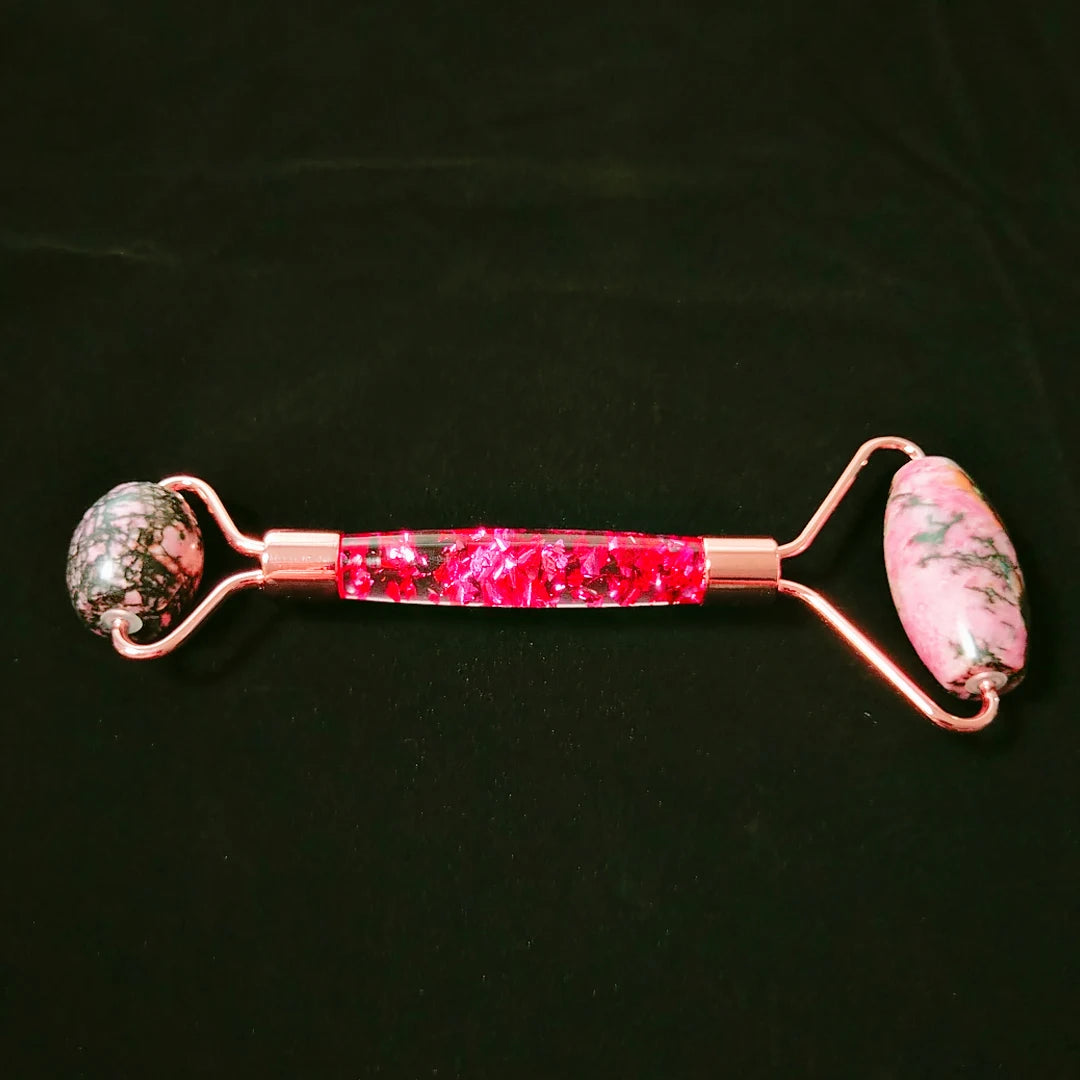 HY Smooth rolling tightening skin facial welded rhodonite jasper roller massager flower handle