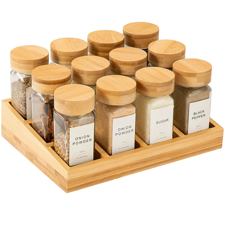Best Seller Small 120ml 4oz 12pcs Square Kitchen Spice Organizer Glass Shaker Bottle Jar Container Set with Bamboo Wood Stand