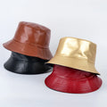 Luxury Trendy Unisex Vintage Solid Double Sided Fisherman Cap Soft PU Leather Reversible Bucket Hat