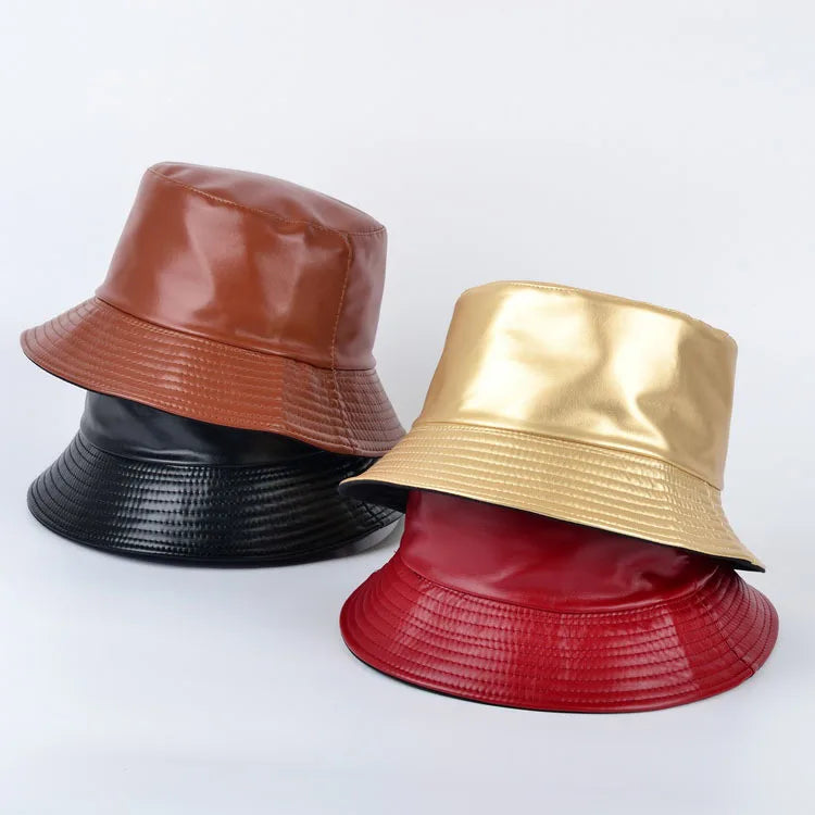 Luxury Trendy Unisex Vintage Solid Double Sided Fisherman Cap Soft PU Leather Reversible Bucket Hat
