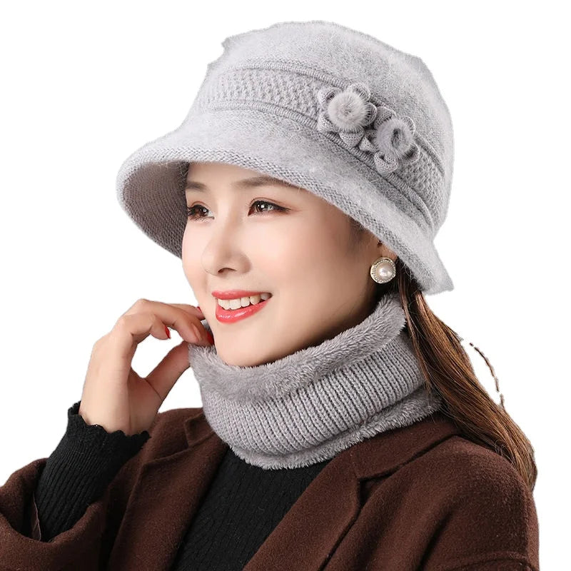 New Fashion Winter Mom Warm Knitted Fleeced Hat Women Casual Drawstring  Fluffy Cold Hat Beanie Cap
