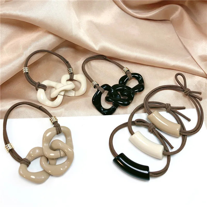 Korean Ivory Brown Acrylic Charms Flexible Rope Elastic Designer Hair Ties Hair Chain Accessories Women Girls Hair Rubber Band
