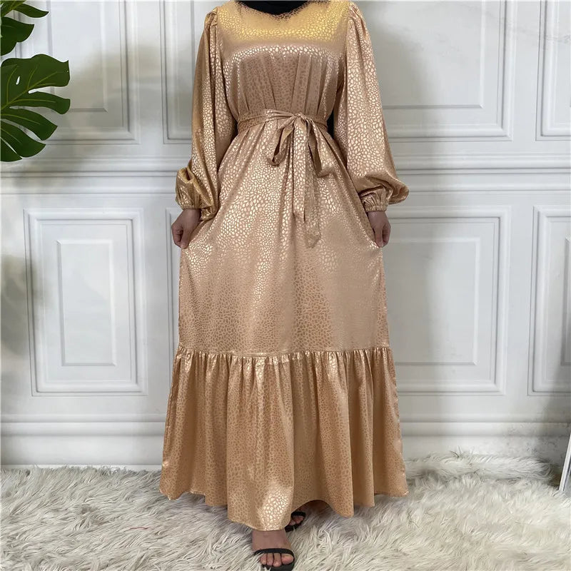 Modest Smooth Printing Satin Abaya Dress With Pockets Ruffle Bottom Maxi Dresses Muslim Islamic Clothing Long Abaya