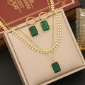 Wholesale Square Emerald Green Necklace Earrings Bracelet 3 Piece Set Fashion Double Layer Chain Stainless Steel Jewelry