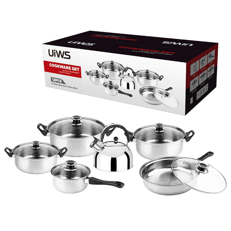 Low Price Pots and Pans Set 12pcs Stainless Steel Cookware Set Kitchen Cooking Pot Set with Whistling Kettle