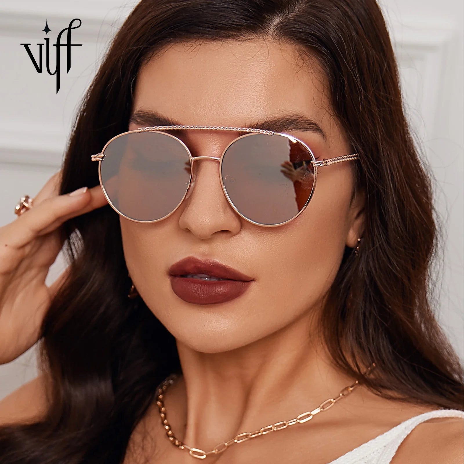 VIFF HM19248 Mirror Lens Design Gold Frame Sun Glasses Retro Classic Pilot Sunglasses