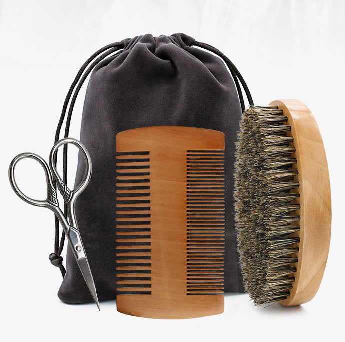 Wholesale Accessories Beard Product Wooden Barber Natural Beard Brush and Comb Set Trimming Kit for Men Beard and Mustache