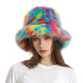 Winter Women Bucket Hat Brand Luxury Oversize Furry Colorful Tie Dye Fluffy Fuzzy Fur Big Wide Brim Bucket Hat
