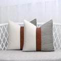 Modern Tan Accent Pillow Covers Farmhouse Decor Stripe Linen Patchwork Faux Leather Linen Throw Pillow Covers