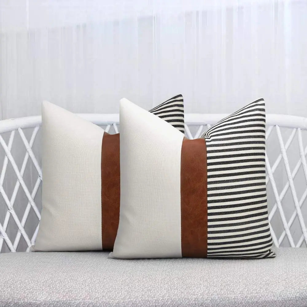 Modern Tan Accent Pillow Covers Farmhouse Decor Stripe Linen Patchwork Faux Leather Linen Throw Pillow Covers