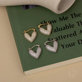 ZF Cubic Zirconia Copper Hoop Earrings Minimalist Full Elegant Heart Drop Shiny Statement Earrings