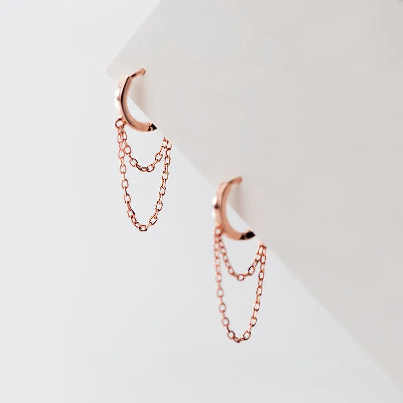 Tassel Chain Earings Hip Hop Rose Gold Plated 925 Sterling Silver Hoops Piercing Earrings Fashion Jewelry for Women Men