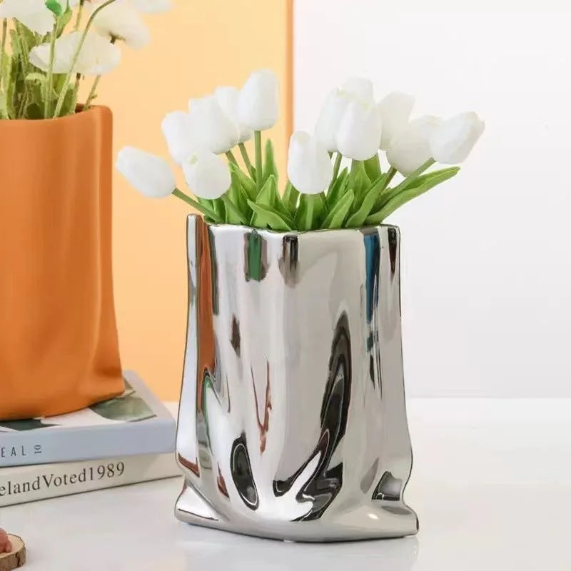 Light Luxury Advanced Sense Ceramic Porcelain Vase Electroplated Silver Internet Famous Modern Wedding Flower-Arranging Living