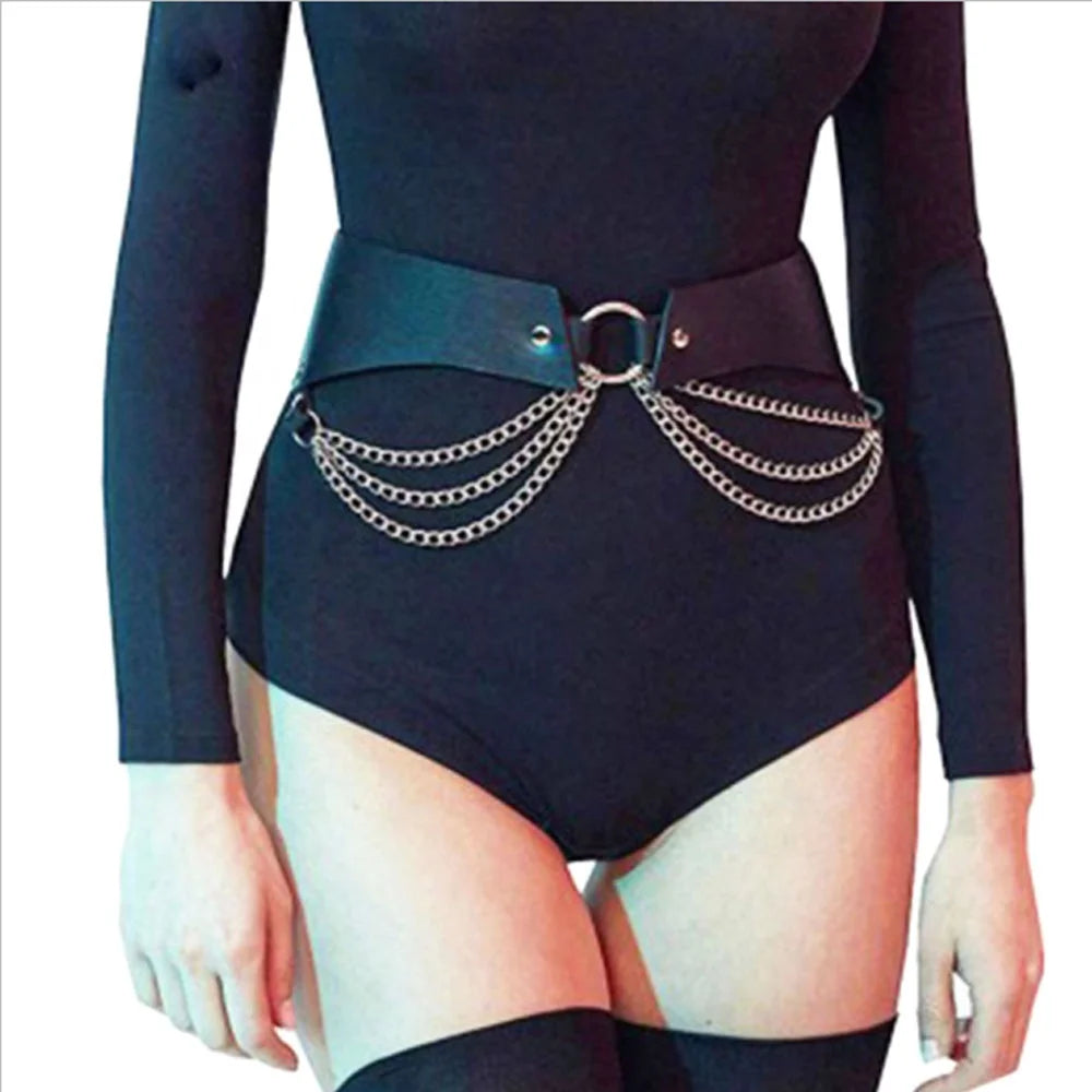 Rock Metal Chain Leather Skirt Belt O Ring Belt Personalized Punk Decorative Pants Belt