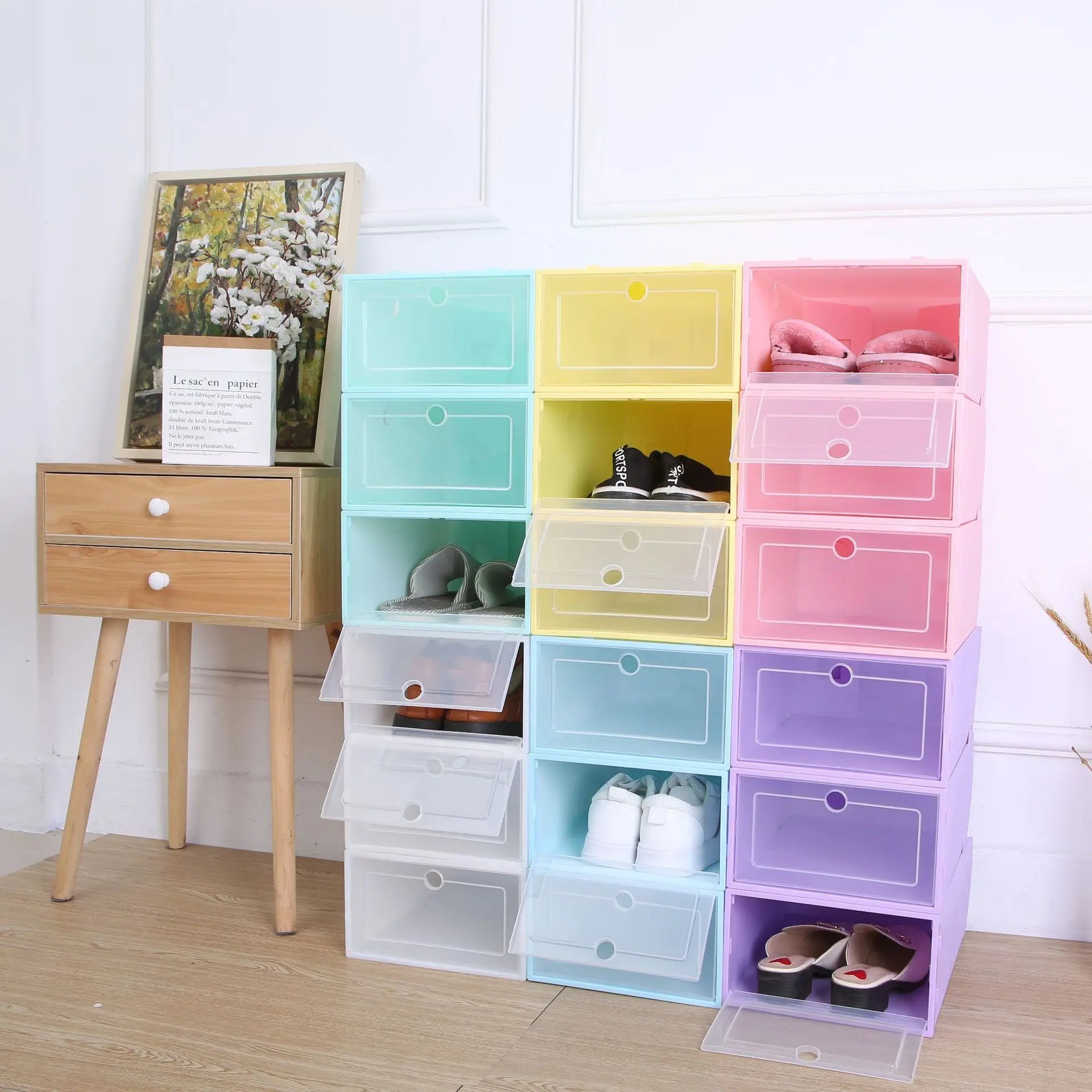 Custom Wholesale Clear Acrylic Shoe Box PET Drop Front Magnetic Drawer Stackable Sneaker Storage Drop Front Transparent Storage
