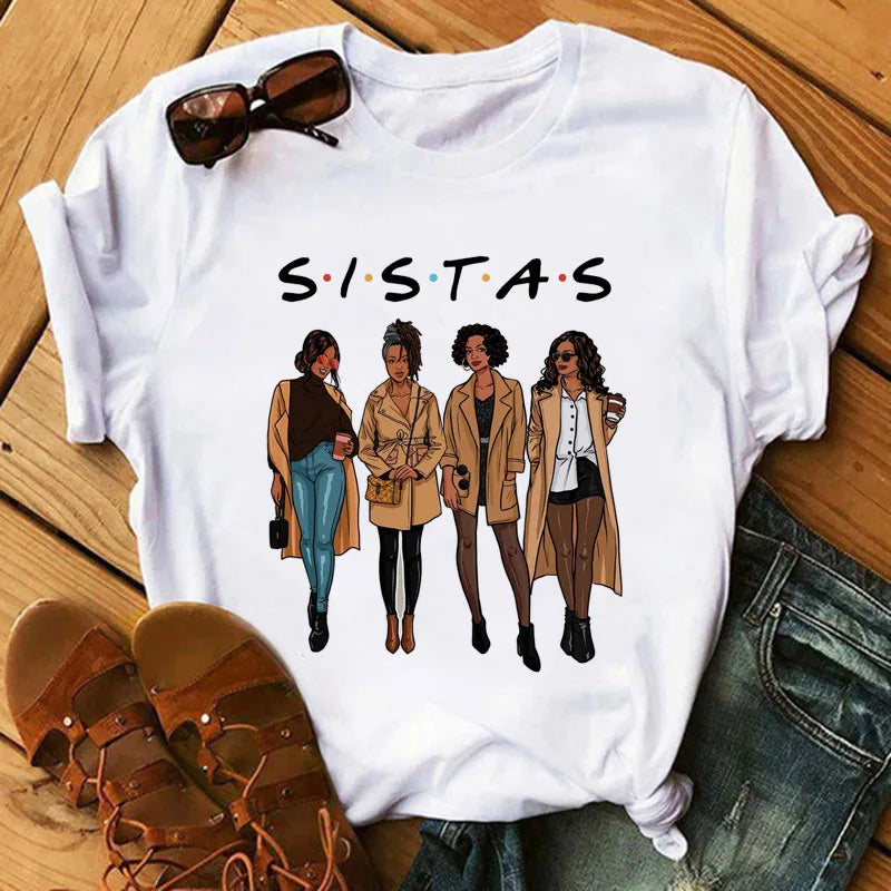 Wholesale Printing Graphic Cartoon Beauty African Lady Women T Shirt African Black Girl History Month Female Melanin Tee Shirt