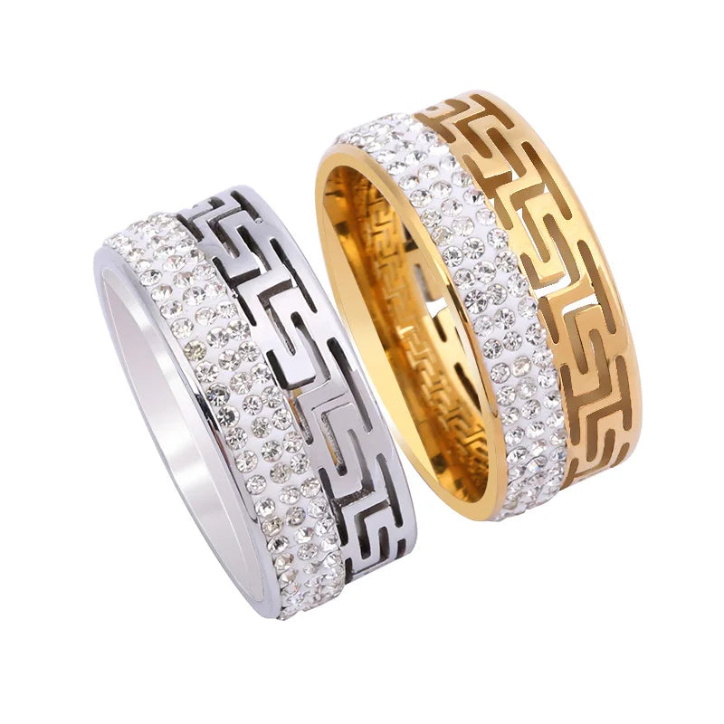 G447 Great Wall Pattern Stainless Steel Jewelry Titanium Steel Rhinestone Women Men Ring