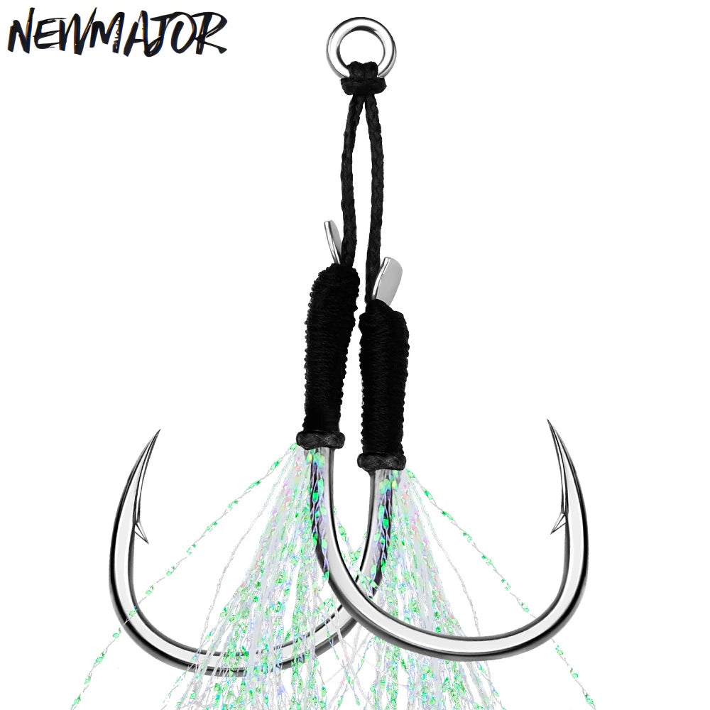 NEWMAJOR 11-20# 5pcs/bag High Carbon Steel Sea Fishing Luminous Double Barbed High Strength Durable Jigging Assist Hooks
