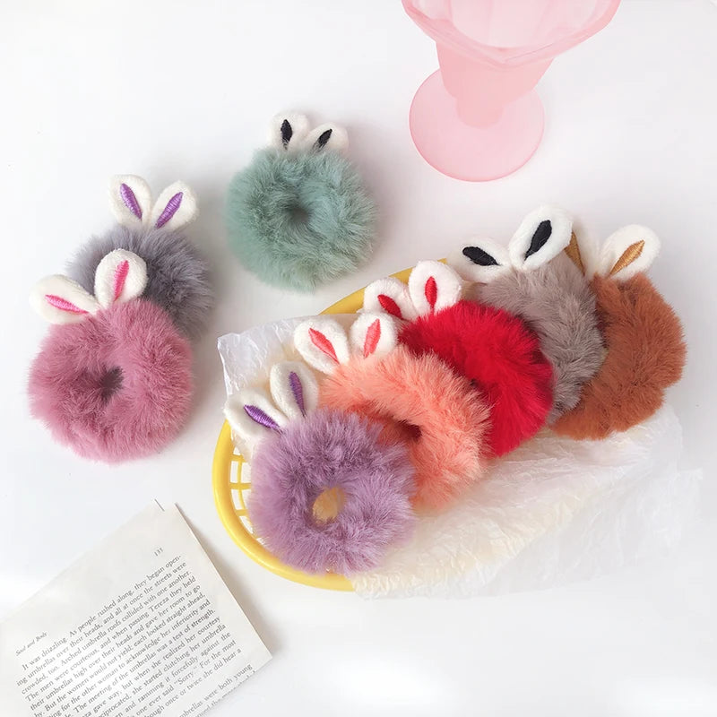 Girls Soft Faux Fur Hair Band Elastic Hair Accessories with Rabbit Ear Ponytail Holder and Tie Rope