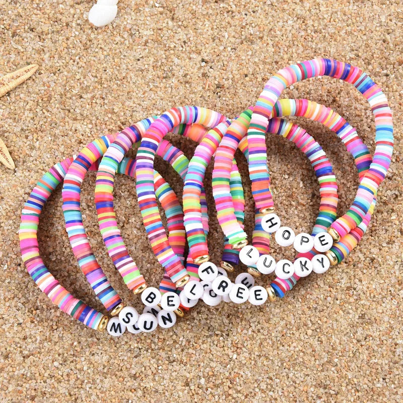 Customize Positive Initial Letter Wedding Gift Adjustable Bracelets Fashion Love Hope Brave Words Colorful Soft Pottery Beaded