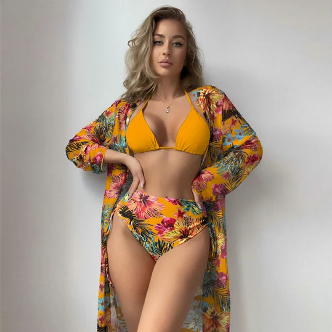 Bikini Wholesale Large Size Three Piece Swimsuit Beach Wear With Print Sexy High Waist Triangle Bikini Set