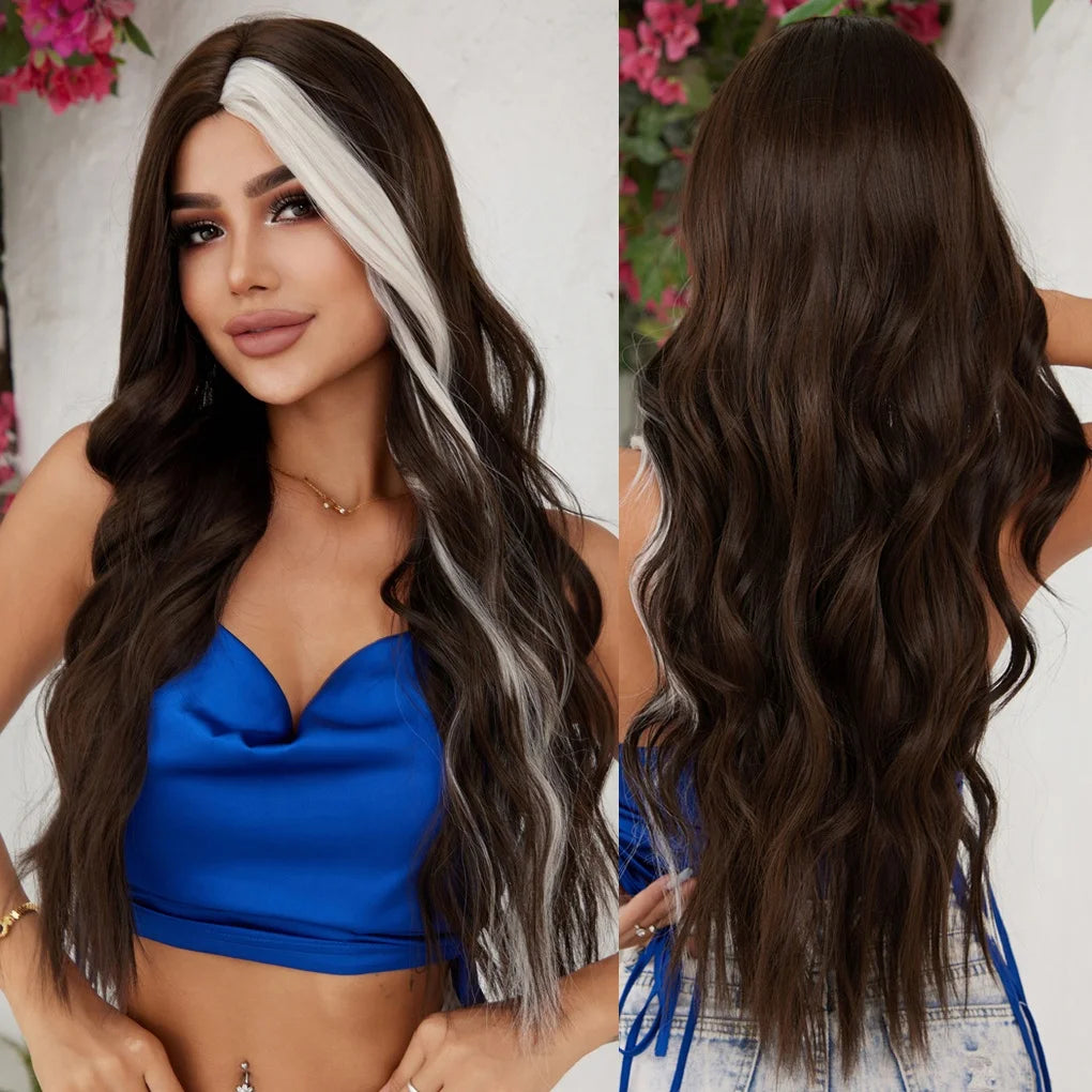 Factory Shipment Brown Highlight White Wig Long Wavy Synthetic Wigs No Bangs Heat Resistant Fiber for Women