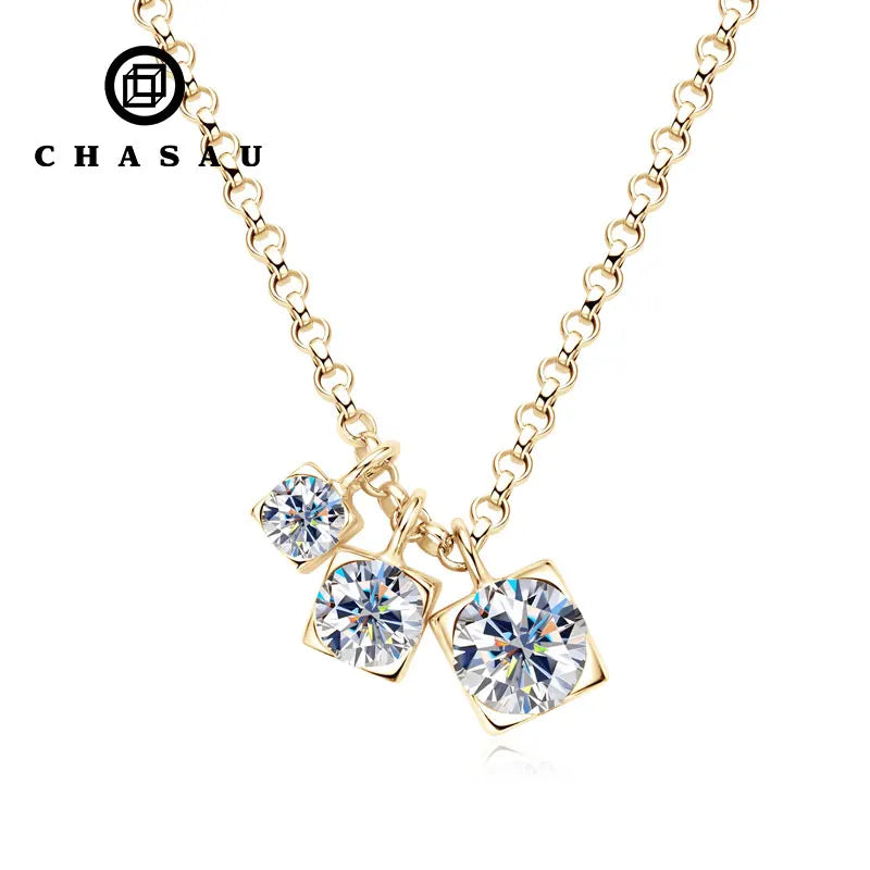 5mm&4mm&3mm Round Full Moissanite Diamond 925 Sterling Silver Chain Three Stone Moissanite Pendant Necklace