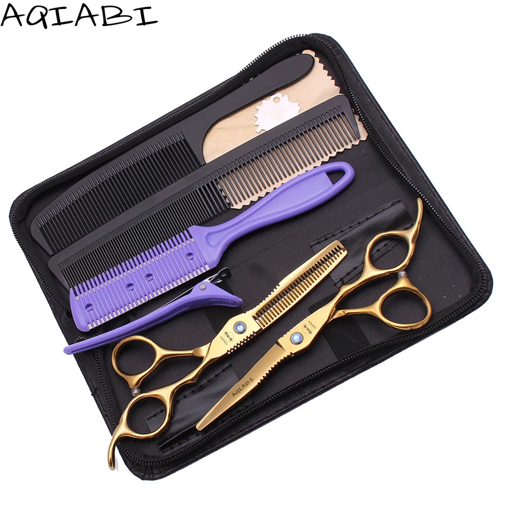 AQIABI Japan Steel Gold Hair Cutting Scissors A1011 5.5'' 6'' Barber Thinning Shears with Sharp Blade Tip for Haircut