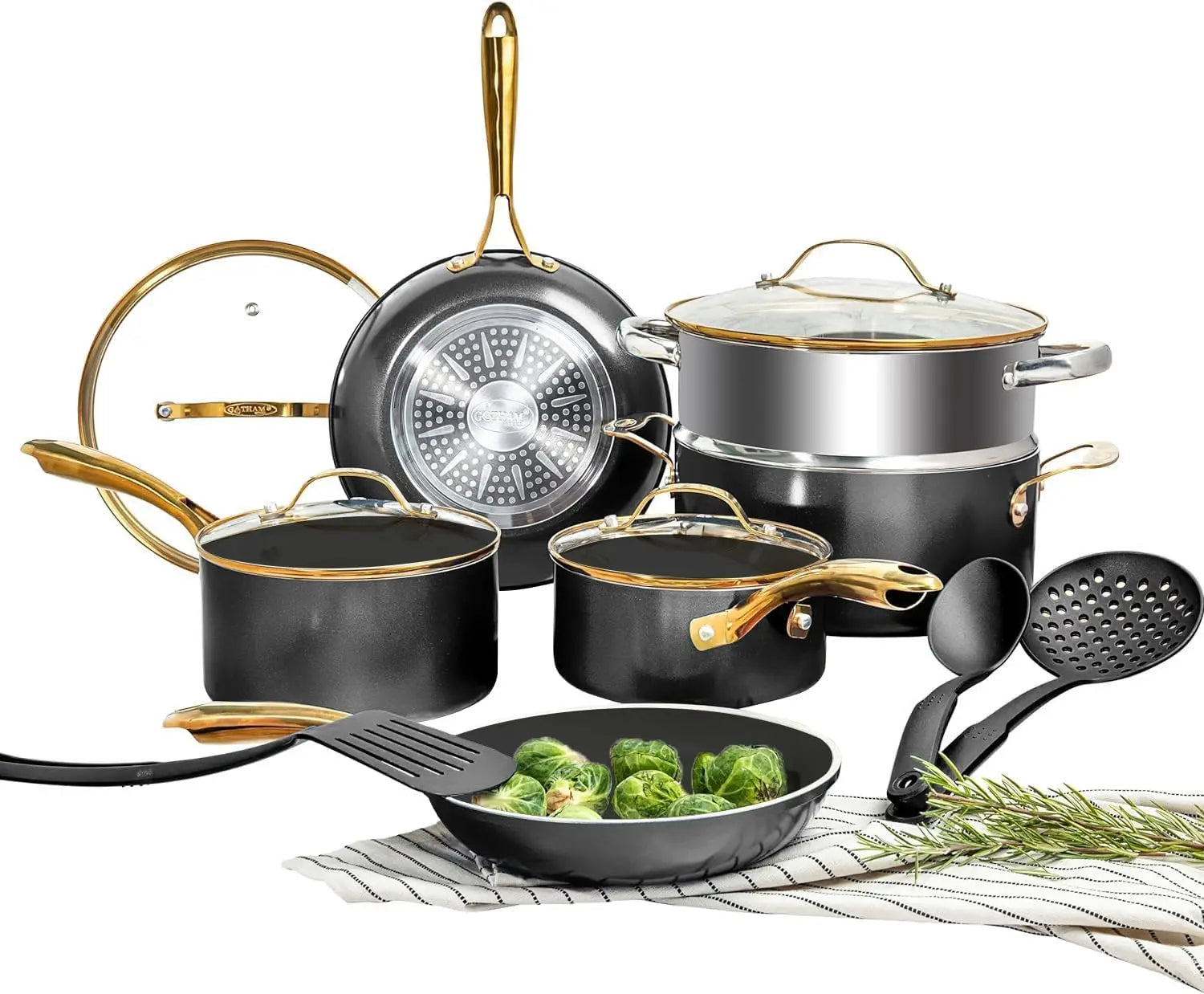 15pcs Aluminum Multi Functional Kichen Accessories Cookware Sets Kitchen Ware Non Stick Cookware Set With Glass Lid Black Color