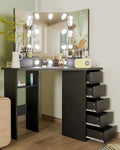 Three-Fold Mirror and Drawer Corner Vanity Lighted Makeup Desk Dressing Table With Mirror and 5 Drawer