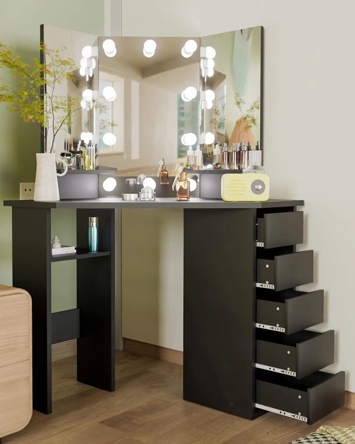 Three-Fold Mirror and Drawer Corner Vanity Lighted Makeup Desk Dressing Table With Mirror and 5 Drawer