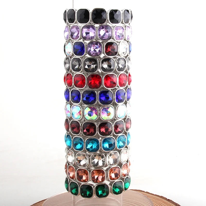 14 Different Color Women Metal Strand Bracelet Silver Alloy with Rhinestone Elastic Crystal Glass Bling Bracelet