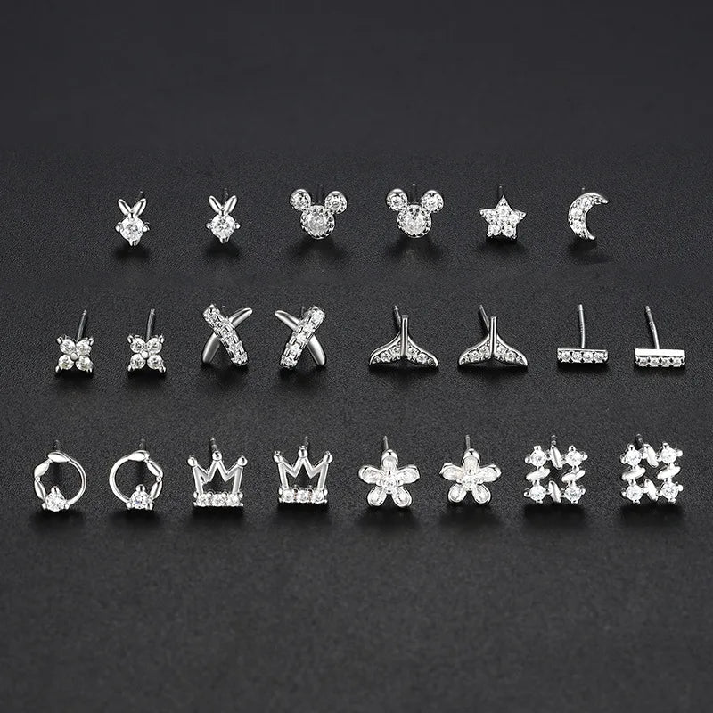 Tiny Star Moon Crown Flower Circle 999 Sterling Silver Pave Zircon CZ Stud Earrings for Children Girl Women