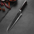 Luxurious 8-Inch Damascus Kitchen Knife with Ebony Wood Handle 67 Layers VG10 Damascus Steel Serrated Bread Cutting Knife