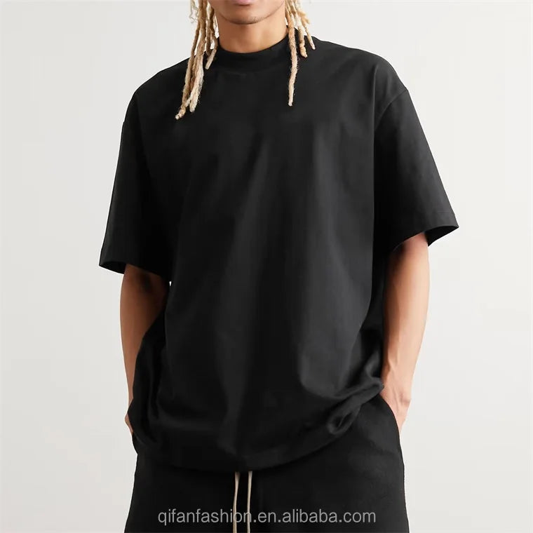 Custom logo 100% Cotton Blank Plain Round Mock Neck t Shirt for Men