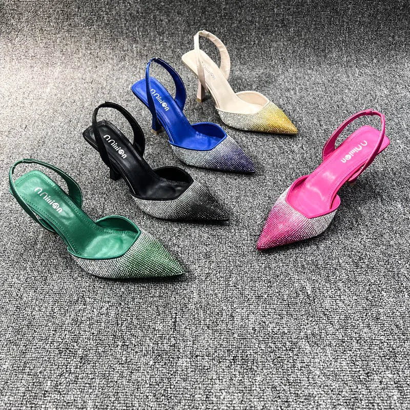 BUSY GIRL YF4962 Hot Pink Gold Rhinestone Slingback Women Sandals Dress Wedding Shoes High Heels for Ladies Shoes Women Pumps