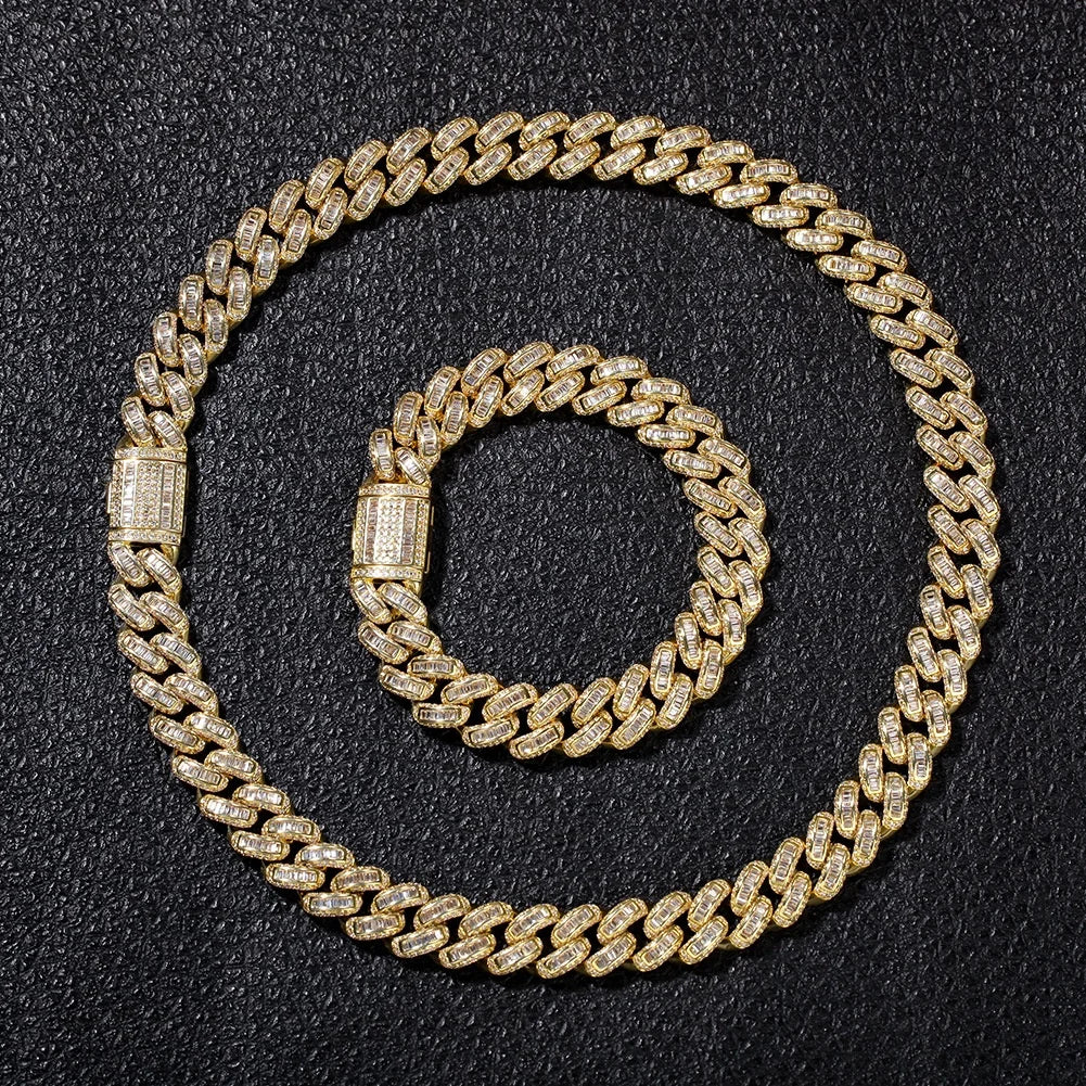 JUNLU New 13mm Hip Hop Bling Iced Out Baguette Chain Necklaces Gold Silver Color Charming Chains Women Men CZ Bling Jewelry Gift