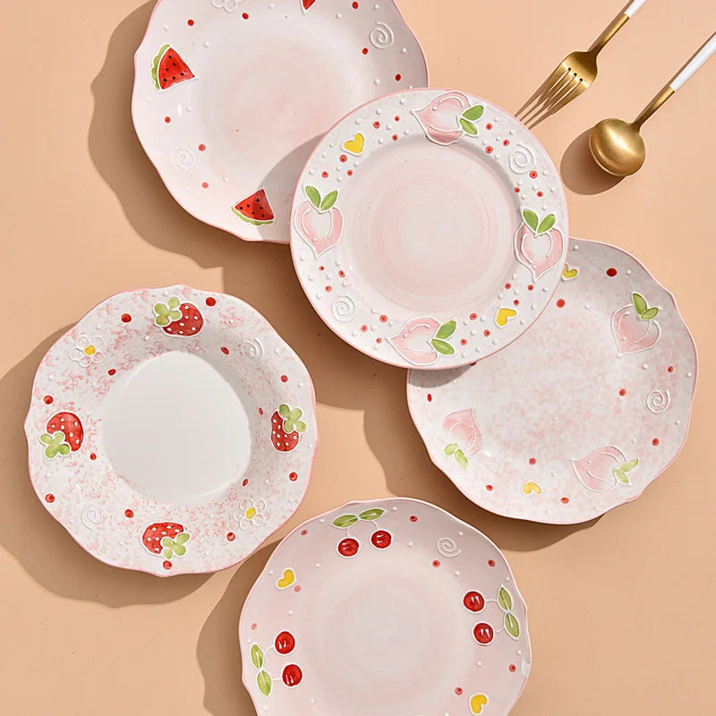 Hand Painted Underglaze Ceramic Tableware Embossed Lace Fruit Dessert Breakfast Plate