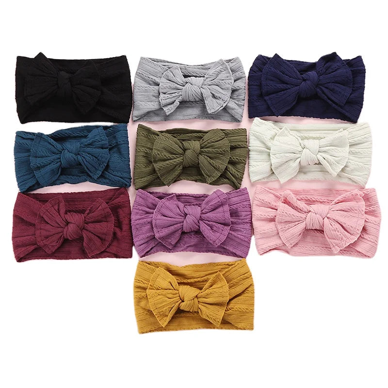 Fashion Nylon Baby Large Bow Girls Elastic Headband Jacquard Fabric Head Turban Infant