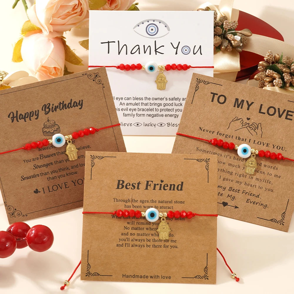 Go2boho New Fashion Women Handmade Bileklik Jewelry Red Crystal Adjustable Cord Evil Eye Hamsa Charm Beaded Bracelets Gift Cards