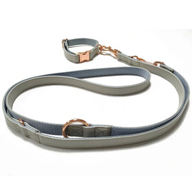 Best Selling Personalized Solid Double Hooks Luxury Soft Leather and Nylon Dog Lead Leash and Collar Set with Golden Buckle