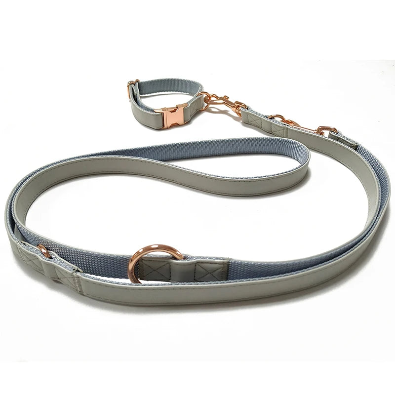 Best Selling Personalized Solid Double Hooks Luxury Soft Leather and Nylon Dog Lead Leash and Collar Set with Golden Buckle