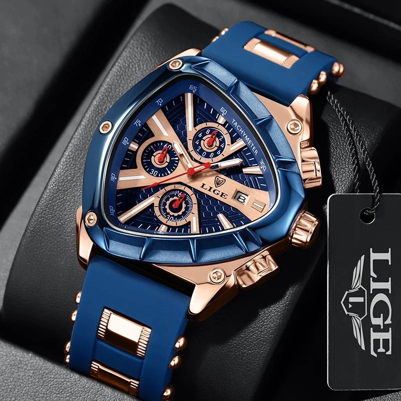 LIGE LG89103 Watch Sport Triangle Big Dial Chronograph Quartz Watches Men Sports Watches Male WristWatch Clock Relogio Masculino MegaBDM